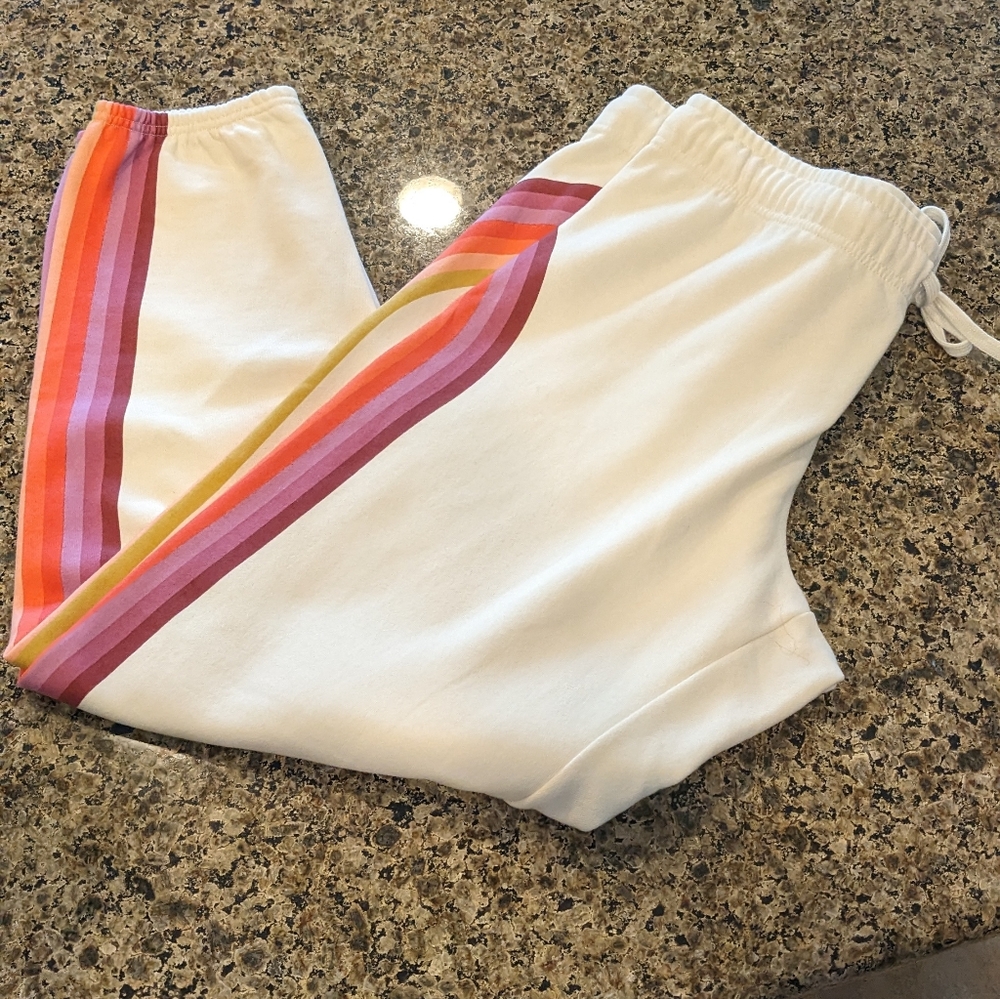 Marine Layer Cloud 9 Fleece Jogger Sweats Antique White Retro Rainbow Stripe XL - Picture 3 of 5